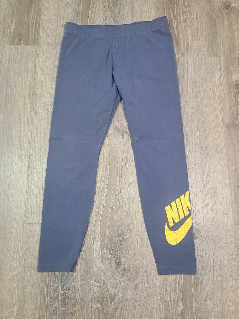 Nike Slate Blue Leggings Big Spellout Yellow Swoosh Logo - Size XL